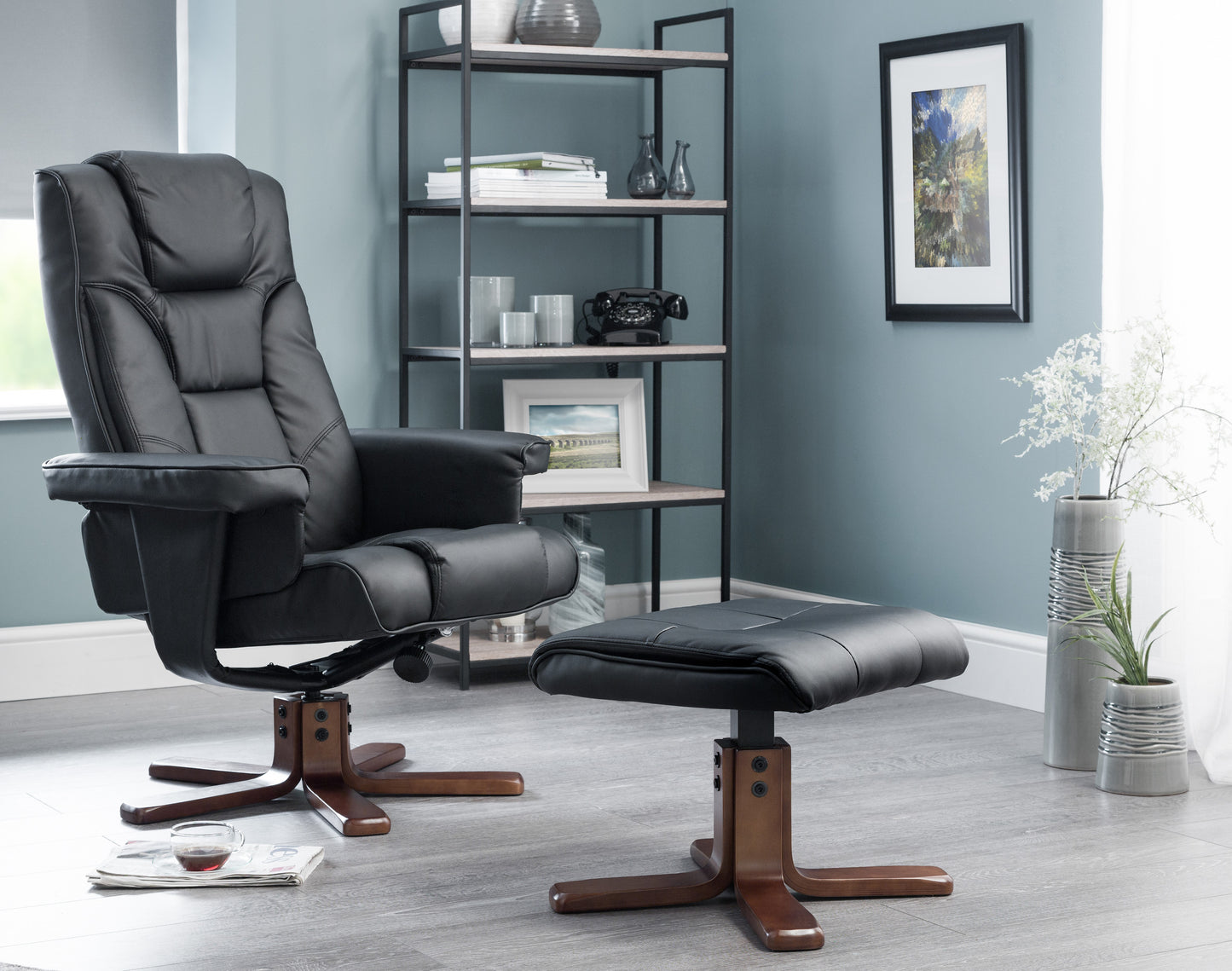 Malmo Swivel Recliner & Stool Faux Leather - Black MAL003 - Havenheim Furniture