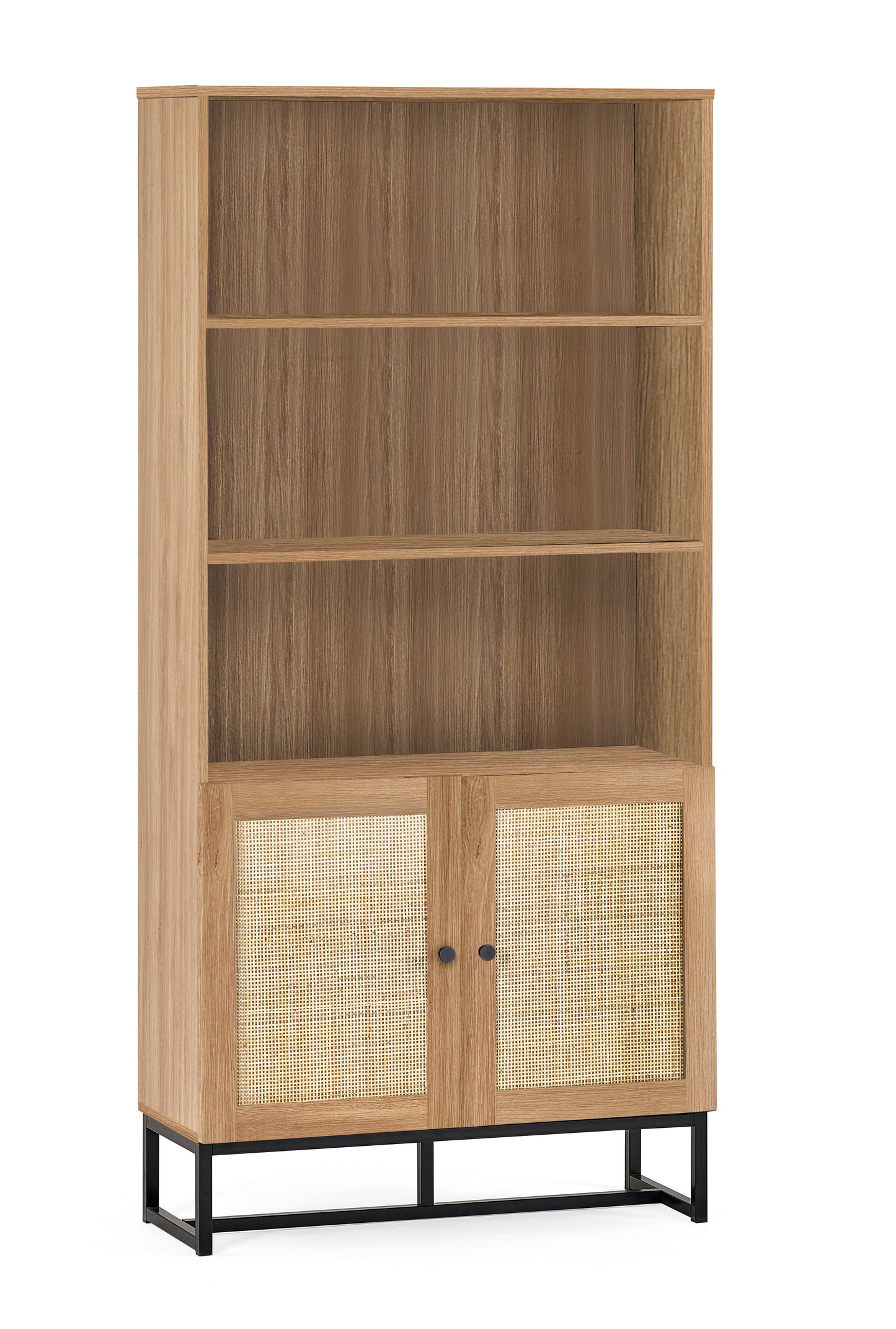 PADSTOW TALL BOOKCASE - OAK Melamine With Rattan Front & Metal Base PAD008