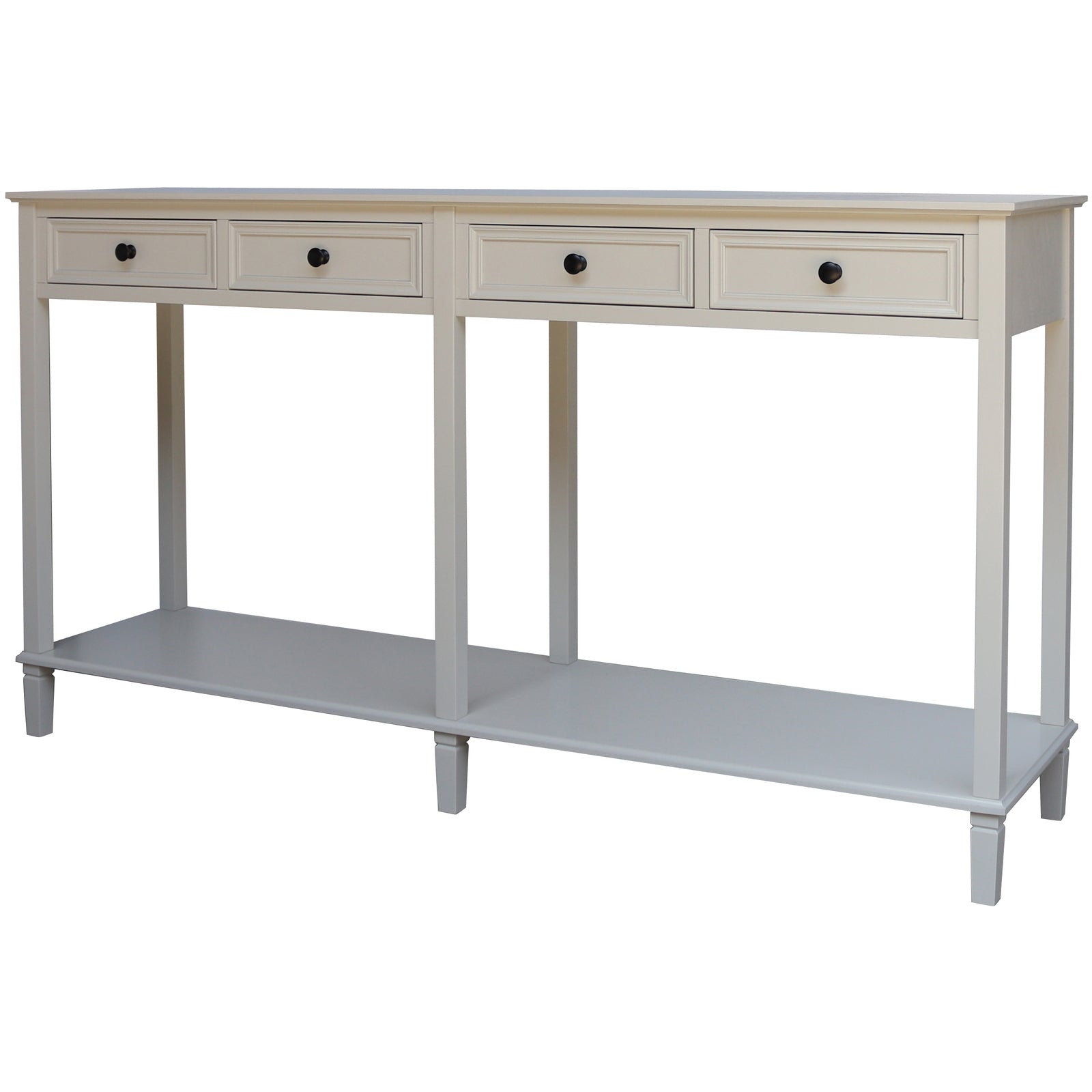 White console table with 4 drawers and black handles with an open shelf