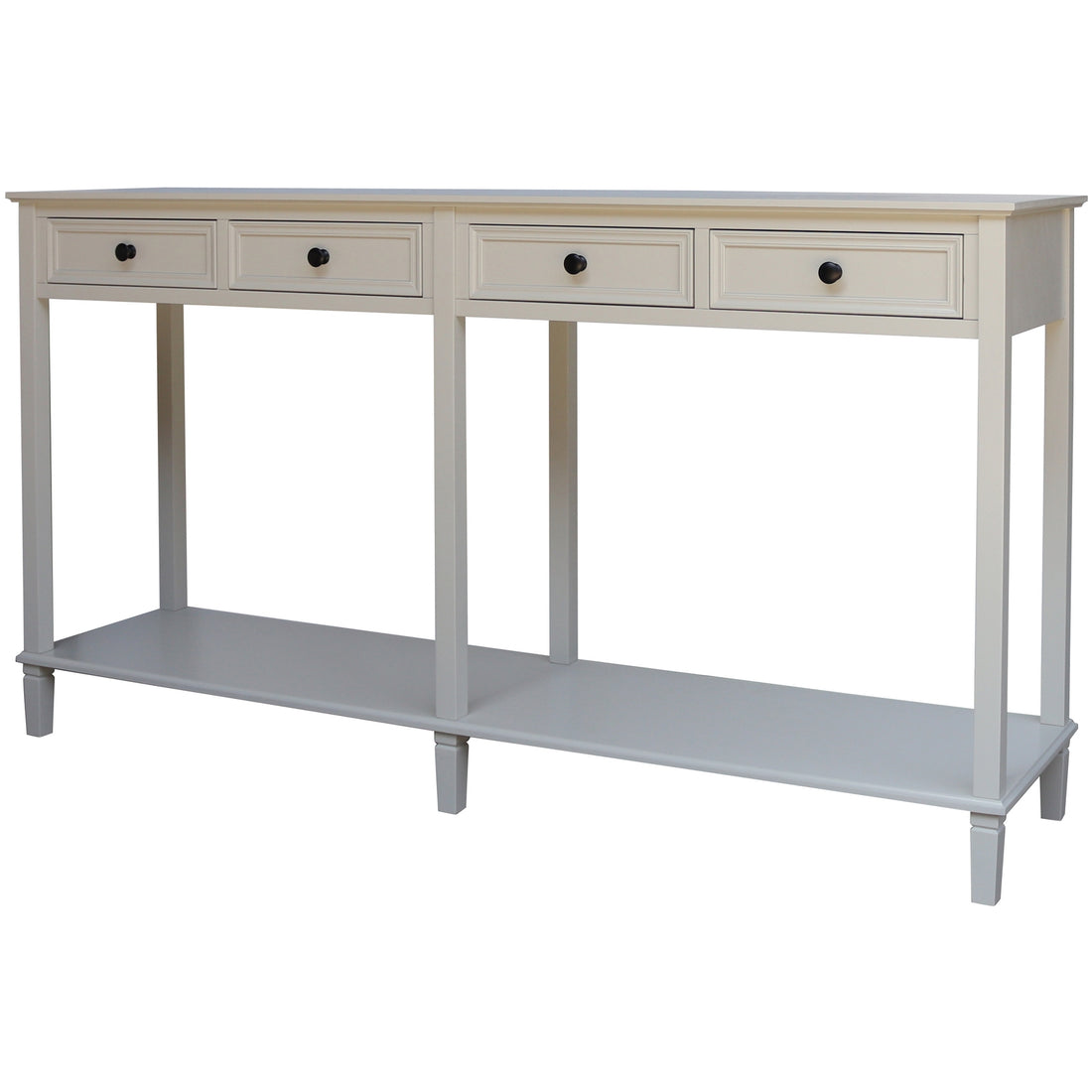 White console table with 4 drawers and black handles with an open shelf