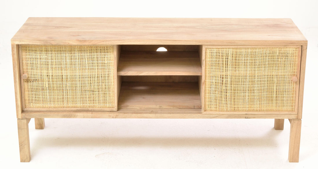 Havana Media Unit with Sliding Doors Rattan and Mindi Wood HAV01