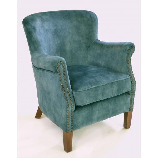 Havenheim Furniture Cromarty armchair in vintage teal fabric with plush cushioning and wooden legs, stylish and comfortable for living room.