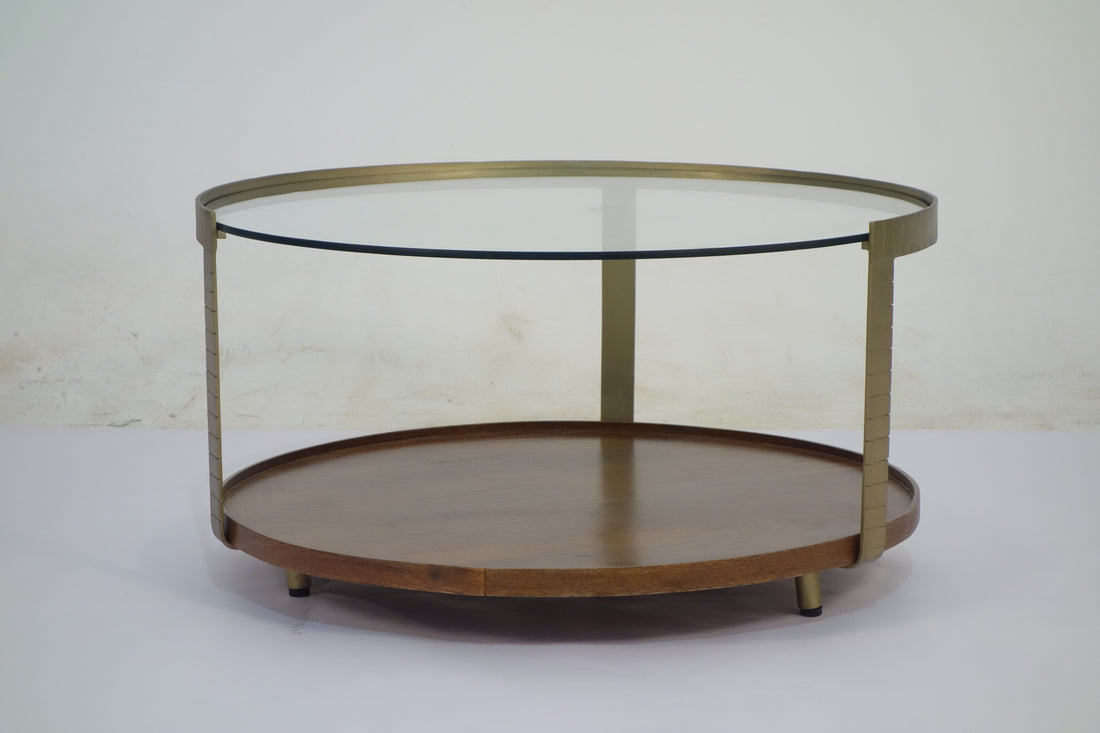 Rajpur Iron Round Glass Wood Tray Coffee Table 2862F