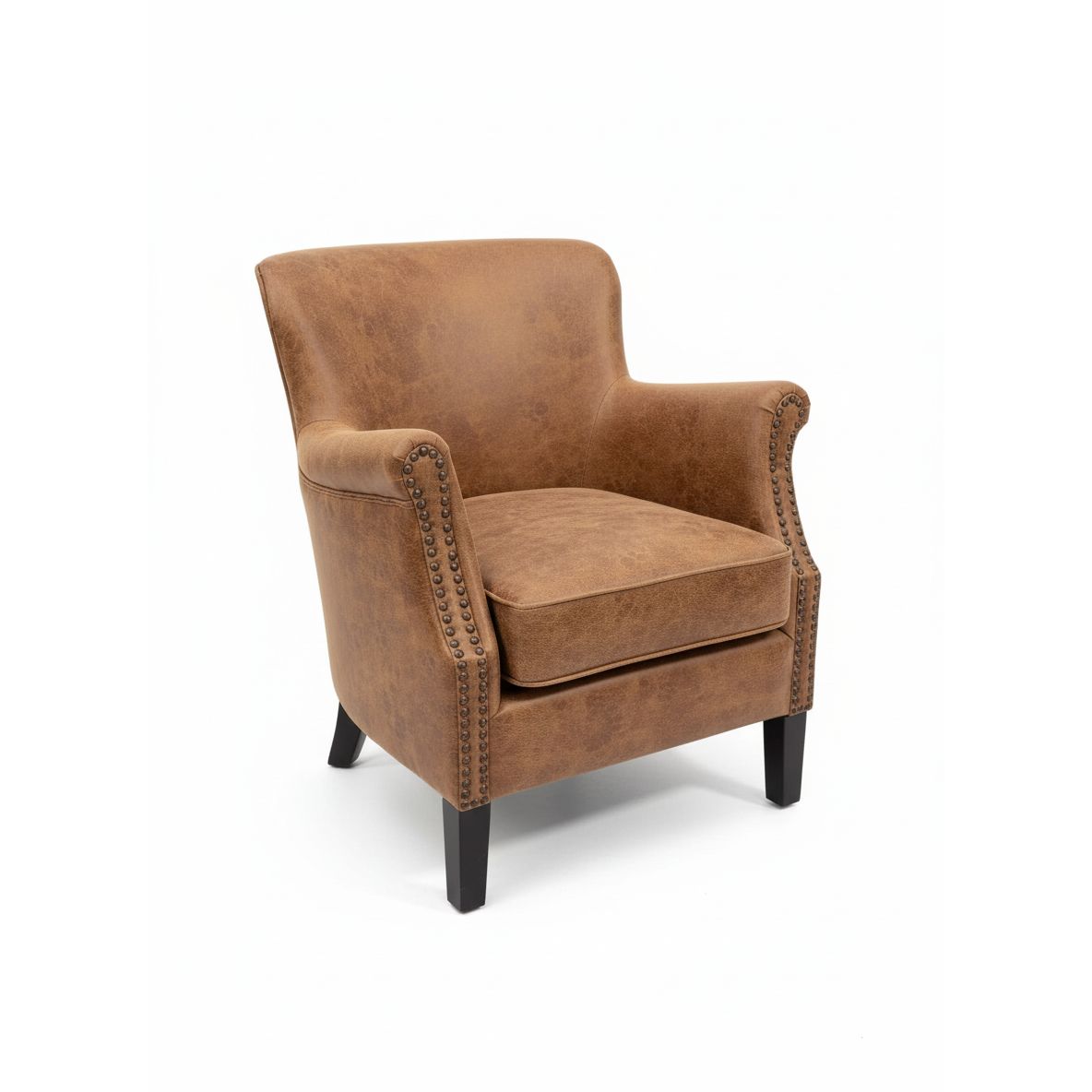 Havenheim Furniture Cromarty armchair in vegan vintage leather with plush cushioning and stylish design, shown in a cozy living room setting.