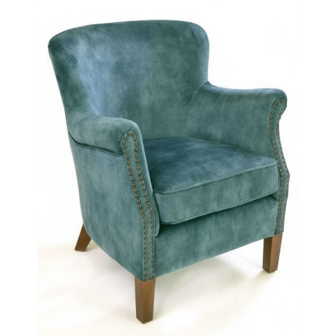 Havenheim Furniture Cromarty armchair in vintage teal fabric with wooden legs, cozy and stylish home seating.