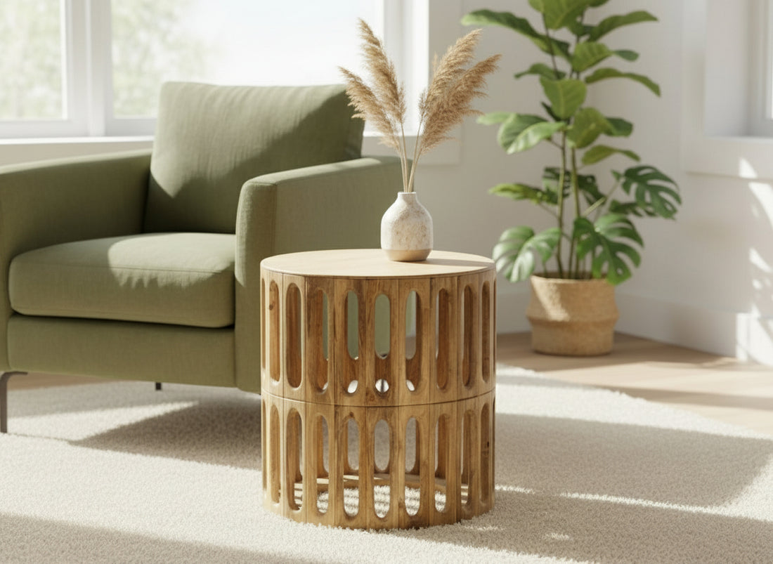 Kankra Mango Wood Carved Oval Tile Design Bevelled Wood Top Side Table 2792M