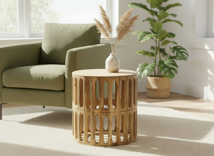 Kankra Mango Wood Carved Oval Tile Design Bevelled Wood Top Side Table 2792M