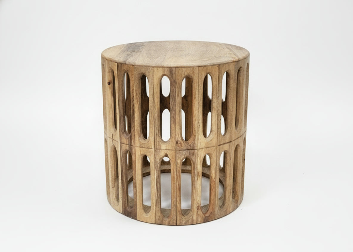 Kankra Mango Wood Carved Oval Tile Design Bevelled Wood Top Side Table 2792M