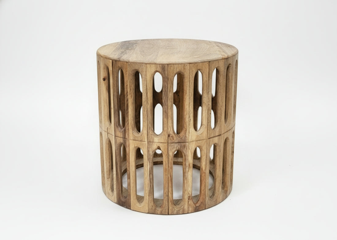 Kankra Mango Wood Carved Oval Tile Design Bevelled Wood Top Side Table 2792M