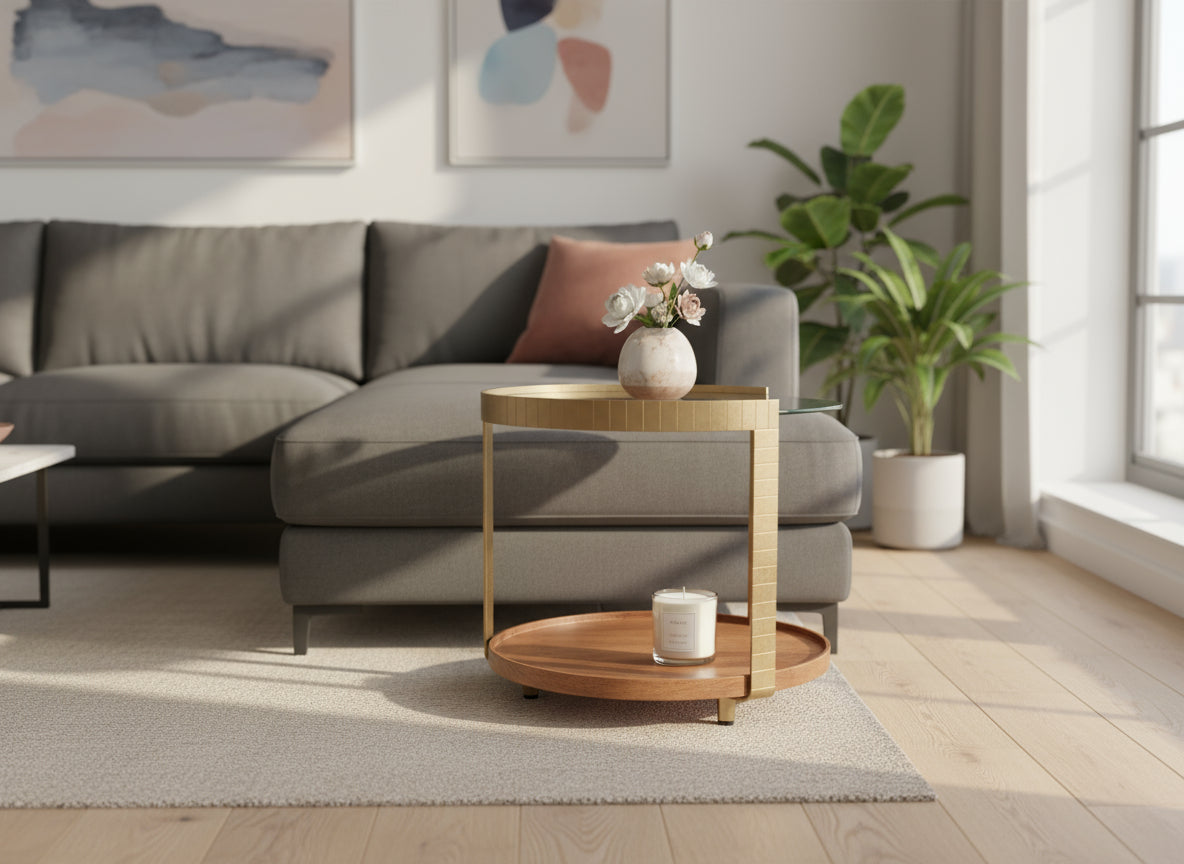 Rajpur Round Iron Side Table Glass Wood Tray 2861S