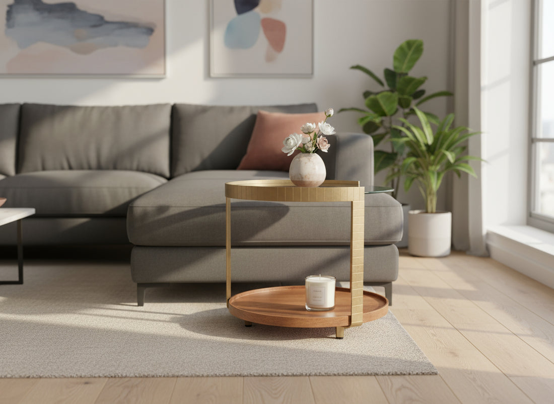 Rajpur Round Iron Side Table Glass Wood Tray 2861S