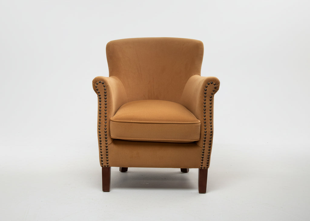 Ancient Mariner Cromarty armchair in brushed gold velvet with plush cushioning and modern design, perfect for elegant seating.