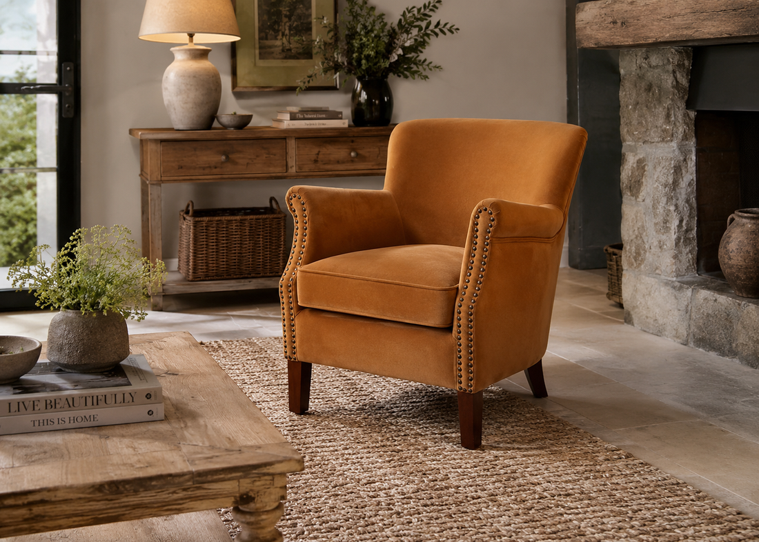 Ancient Mariner Cromarty armchair in brushed gold velvet with plush upholstery and stylish design for elegant seating.