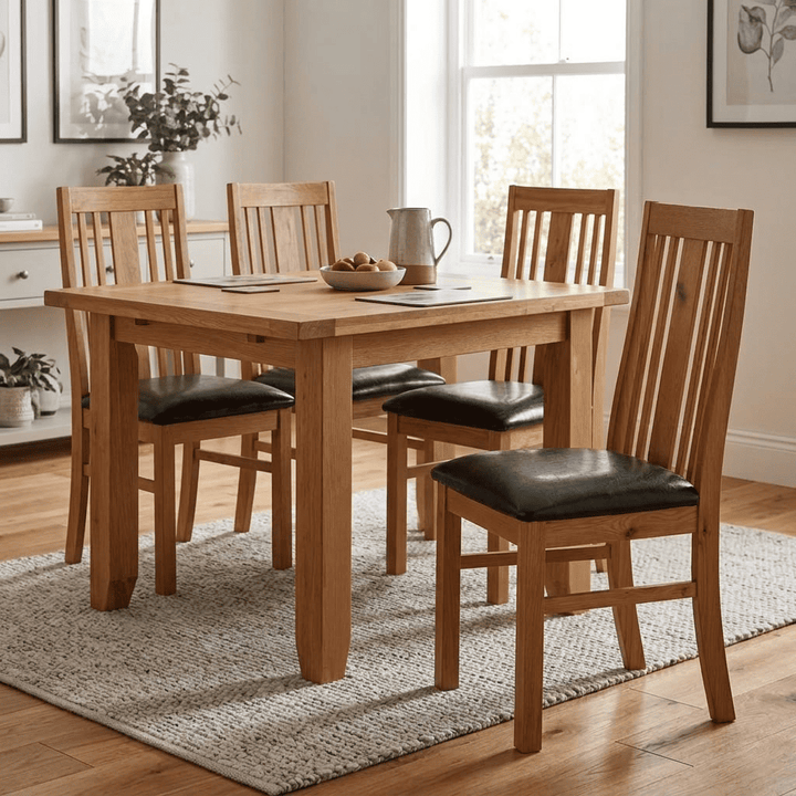 Pair of Acorn solid oak dining chairs by Heartlands Furniture, showcasing natural wood finish and contemporary design.
