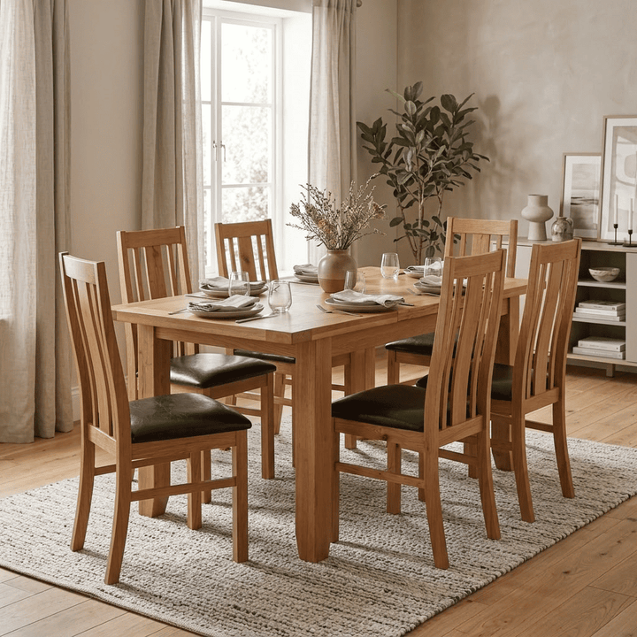 Large Acorn Solid Oak extending dining table with six matching Acorn oak chairs, crafted by Heartlands Furniture.
