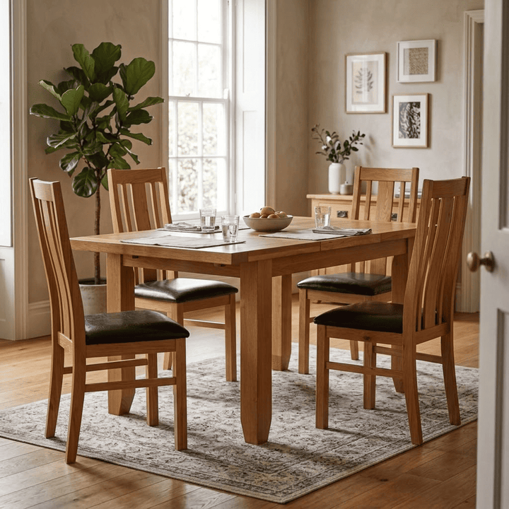 Acorn solid oak rectangular extending dining table with four matching dining chairs, small size, 130cm-180cm, Heartlands Furniture.
