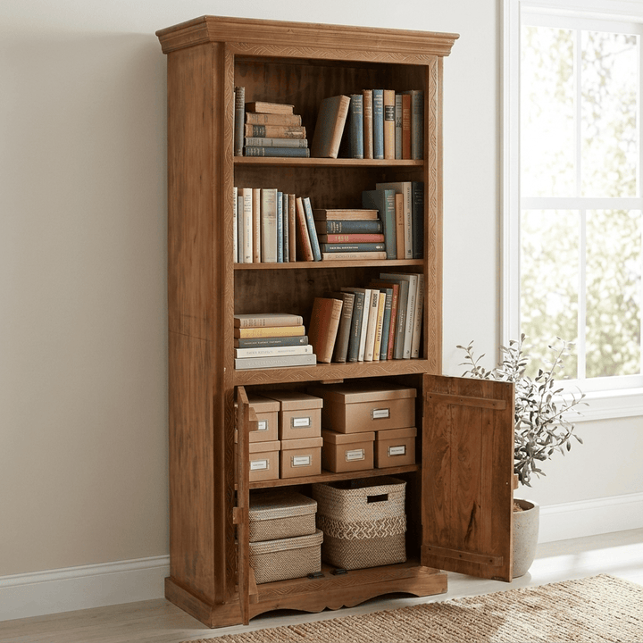 Artwork Carved Mango Wood Large Bookcase 3 Shelves 2 Large Doors - Light Brown MC15 - Havenheim Furniture