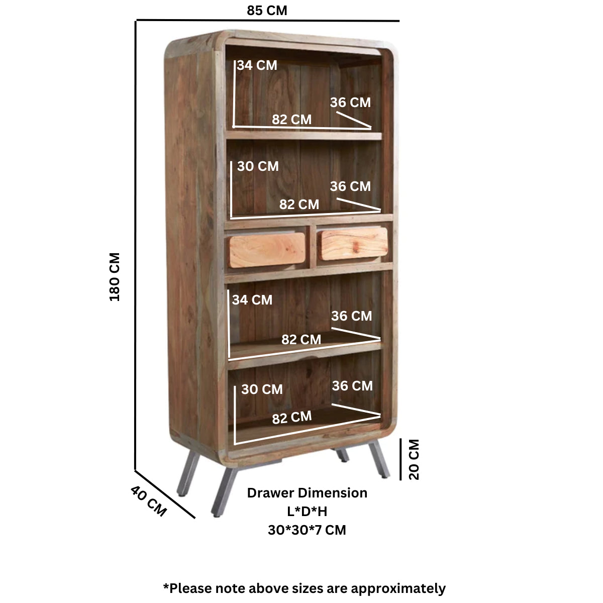 Aspen Large Bookcase 2 Drawers Solid Hardwood and Metal AS15 Dimensions Havenheim Furniture