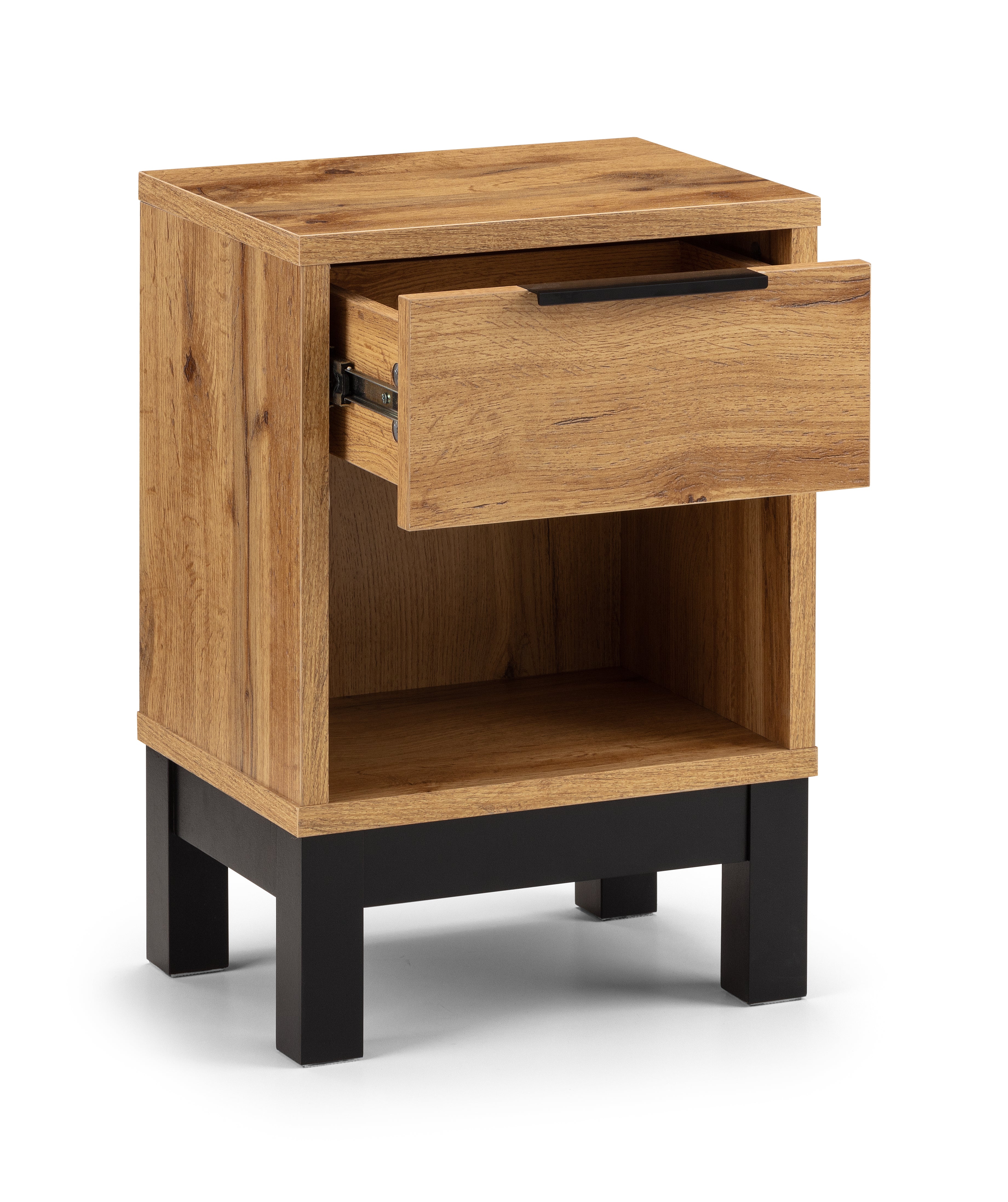 BALI 1 DRAWER BEDSIDE - LIGHT OAK MDF BAL201 open