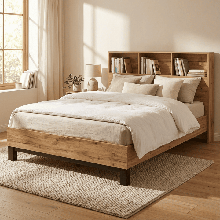 Bali Bookcase Headboard Double Bed 135cm - Light Oak MDF BAL208 - Havenheim Furniture