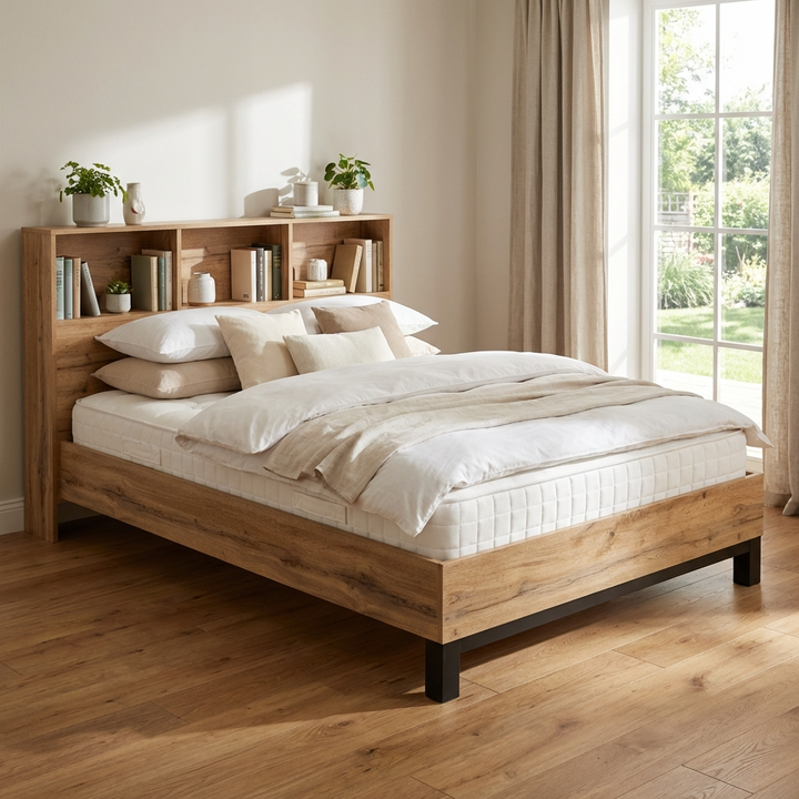 Bali Bookcase Headboard Bed King 150cm - Light Oak MDF BAL209