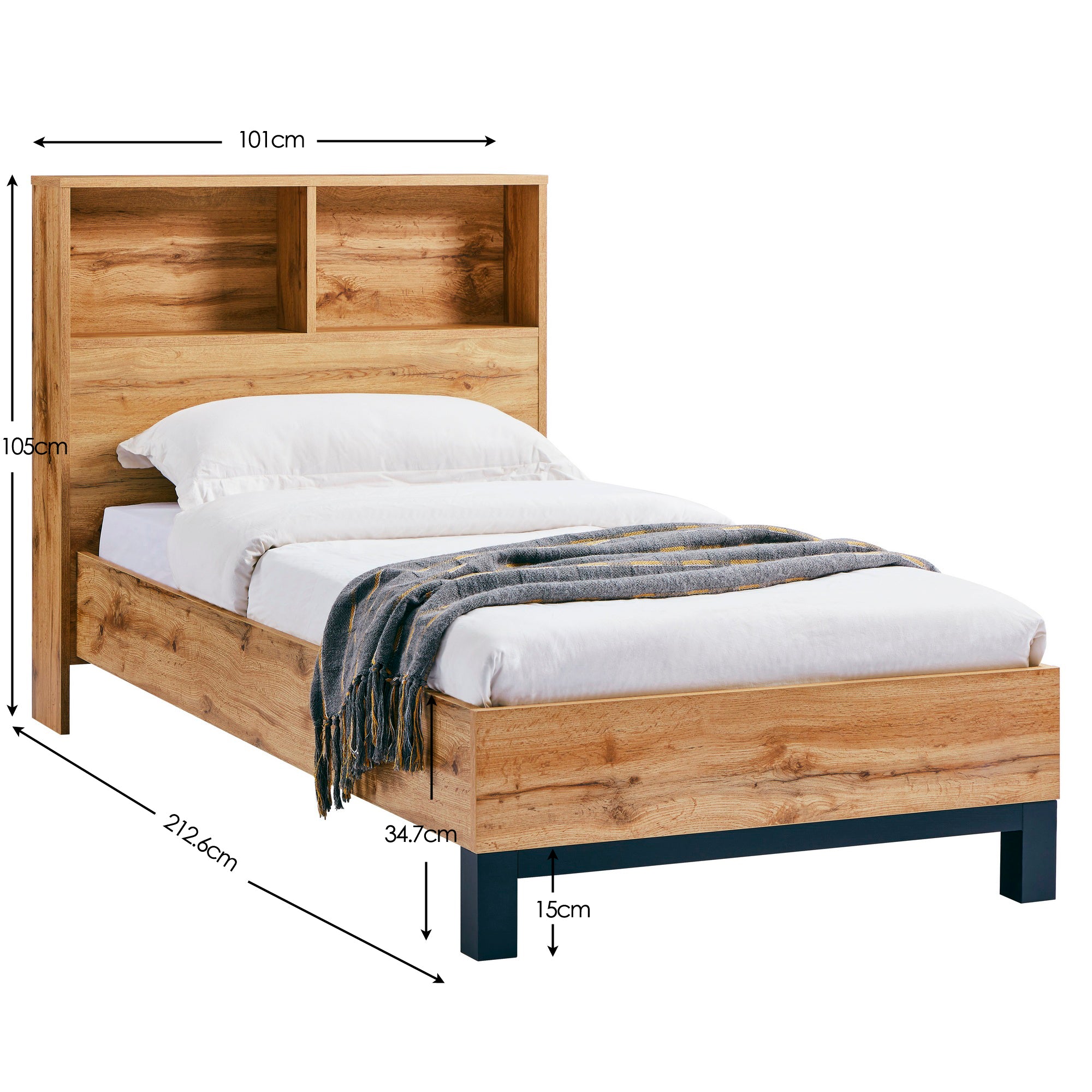 BALI BOOKCASE HEADBOARD BED 90CM - LIGHT OAK MDF BAL207 - Havenheim Furniture