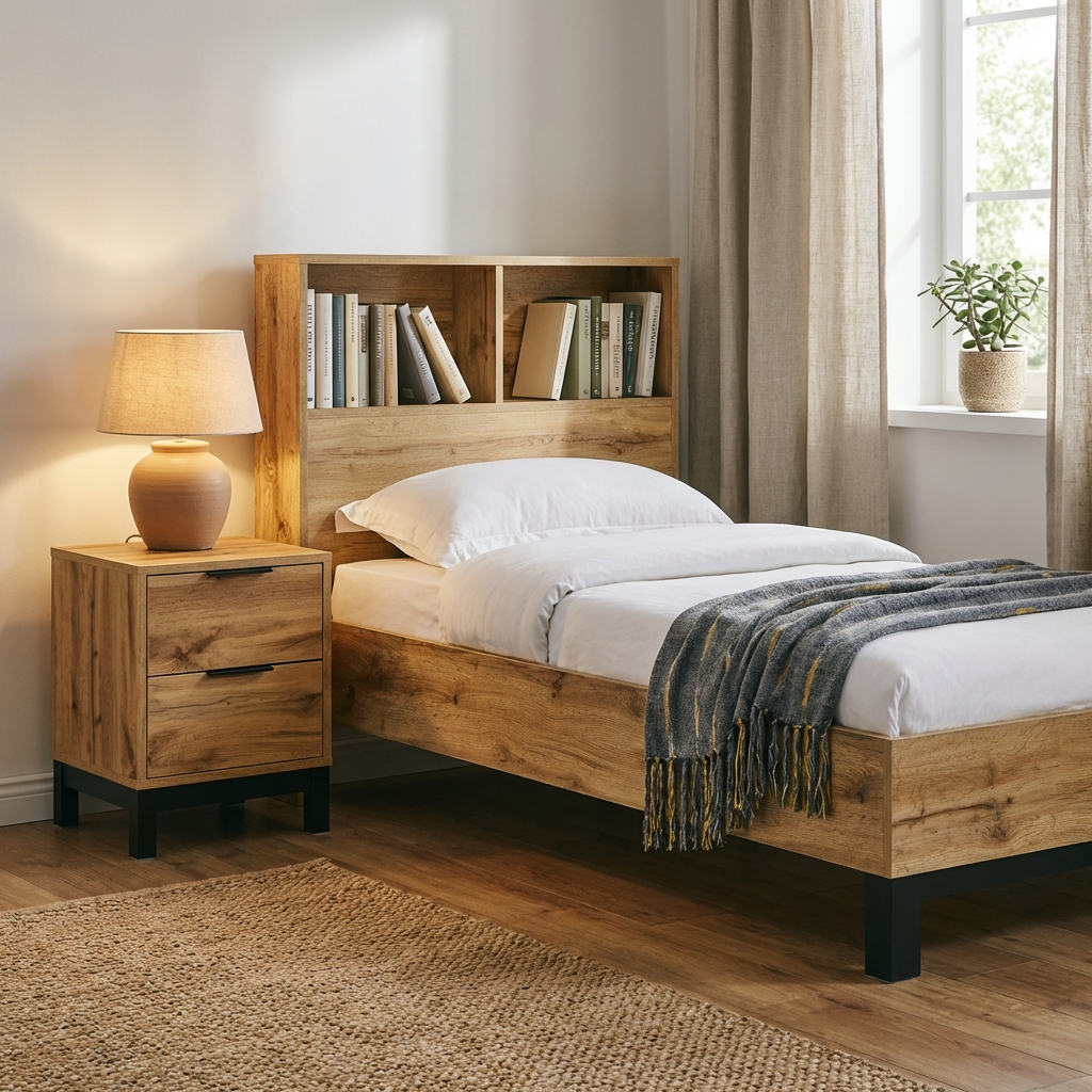 Bali Bookcase Headboard Bed Single 90cm - Light Oak MDF BAL207