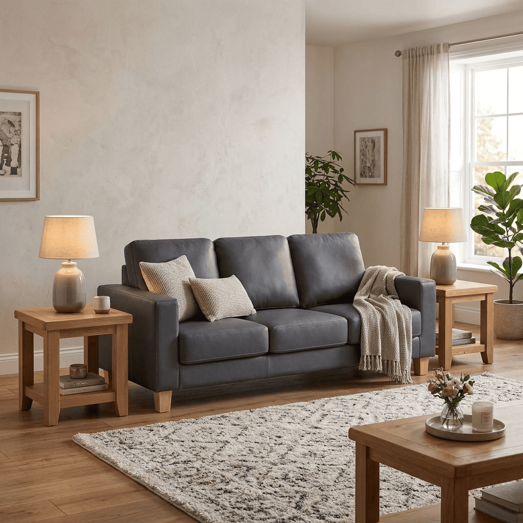 Heartlands Furniture Chesterfield 3 seater sofa in grey PU faux leather, lifestyle view