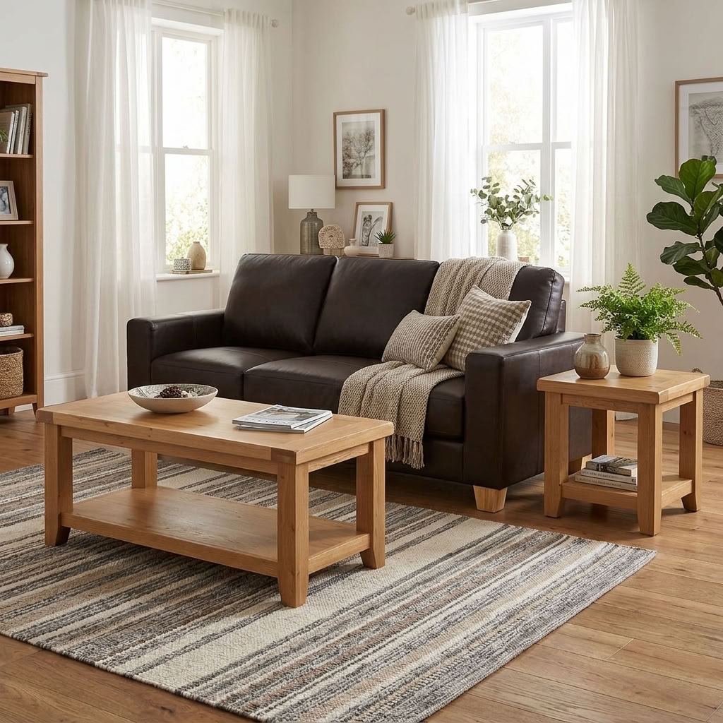 Heartlands Furniture Chesterfield 3 seater sofa in brown PU faux leather in a living room
