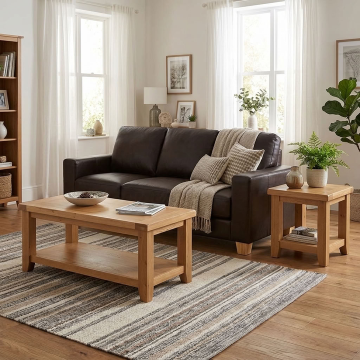Heartlands Furniture Chesterfield 3 seater sofa in brown PU faux leather in a living room