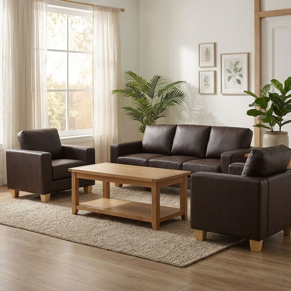Heartlands Furniture brown PU faux leather Chesterfield 3 seater sofa with matching 1 seater sofas