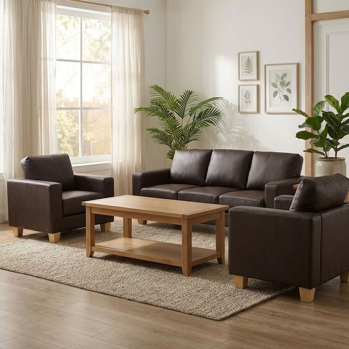 Heartlands Furniture brown PU faux leather Chesterfield 3 seater sofa with matching 1 seater sofas