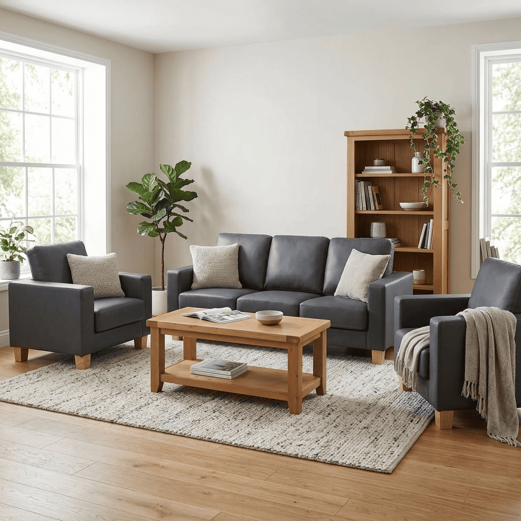 Heartlands Furniture Chesterfield 3 seater sofa in grey PU faux leather in a living room