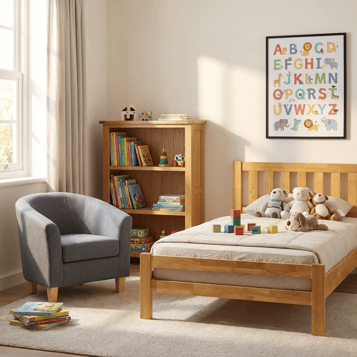 Child's Book Haven 2 - Oak Single Bed, Bookcase & Dark Grey 1 Seater Sofa - CBH2 - Havenheim Furniture