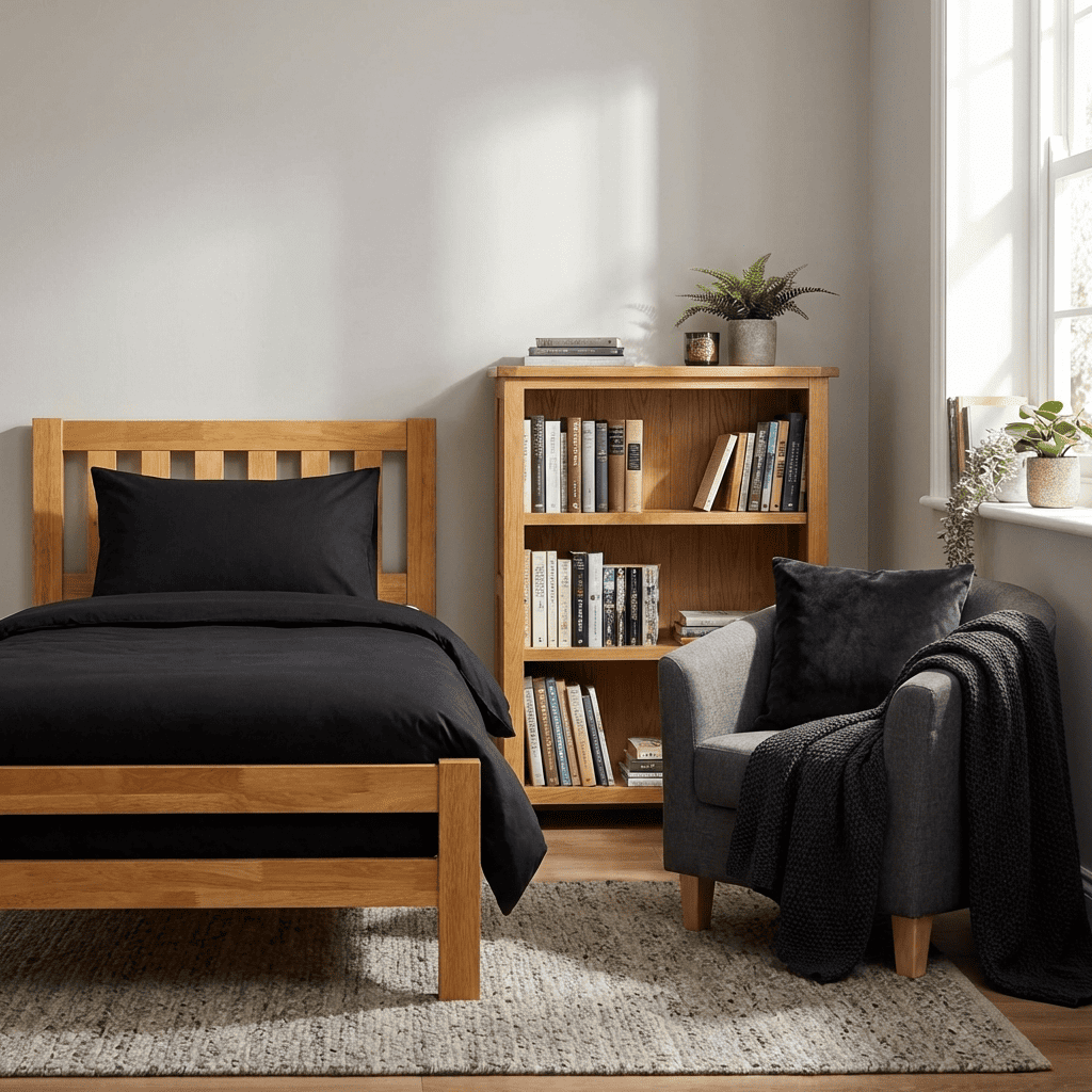 Child's Book Haven 2 - Oak Single Bed, Bookcase & Dark Grey 1 Seater Sofa - CBH2 - Havenheim Furniture