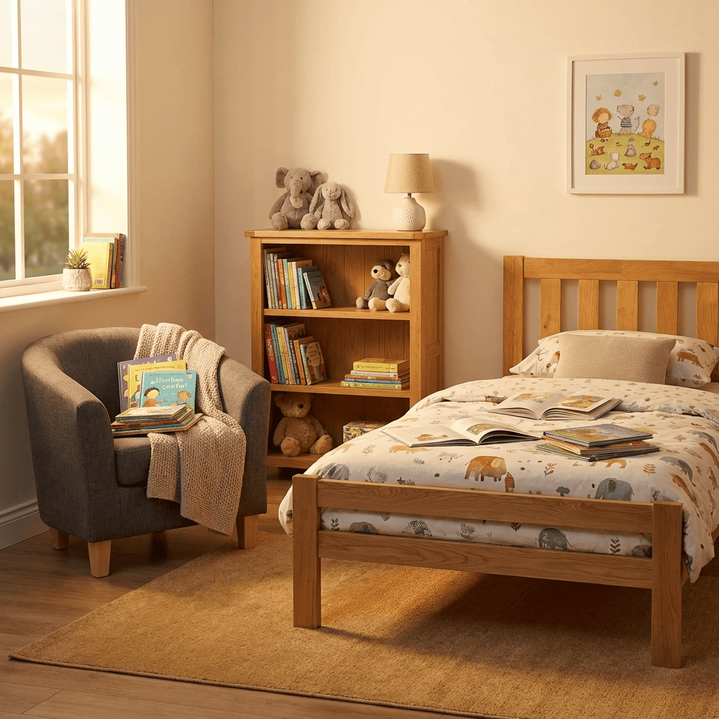 Child's Book Haven 2 - Oak Single Bed, Bookcase & Dark Grey 1 Seater Sofa - CBH2 - Havenheim Furniture