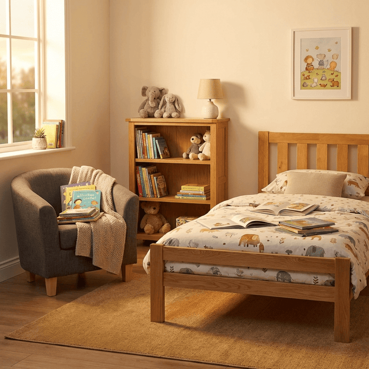 Child's Book Haven 2 - Oak Single Bed, Bookcase & Dark Grey 1 Seater Sofa - CBH2 - Havenheim Furniture