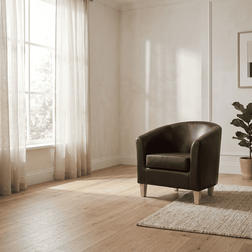 Heartlands Furniture Claridon brown PU faux leather 1 seater sofa in a room setting