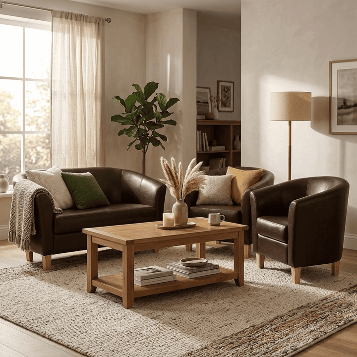 Heartlands Furniture Claridon 2 seater sofa in brown PU faux leather in a modern living room
