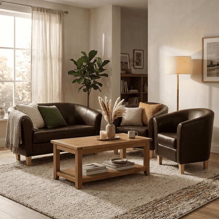 Heartlands Furniture Claridon 1 seater sofa in brown PU faux leather, shown in a lifestyle setting