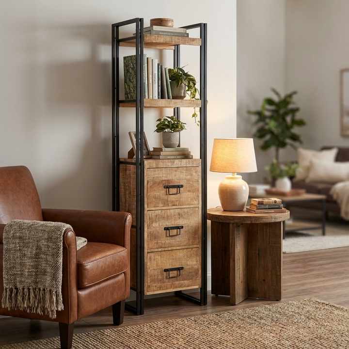 Cosmo Industrial Slim Bookcase Mango Wood and Metal ID16 - Havenheim Furniture