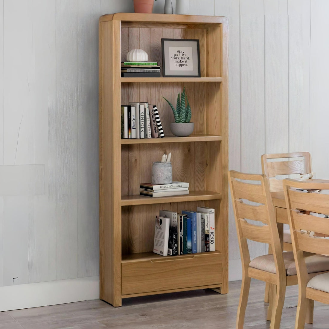 Curve Oak Tall Bookcase 1 Drawer CUR305 - Havenheim Furniture