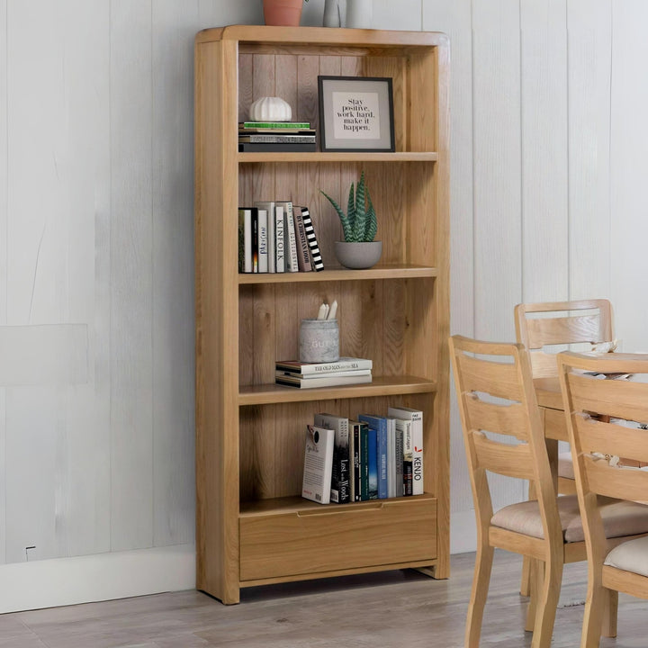 Curve Oak Tall Bookcase 1 Drawer CUR305 - Havenheim Furniture