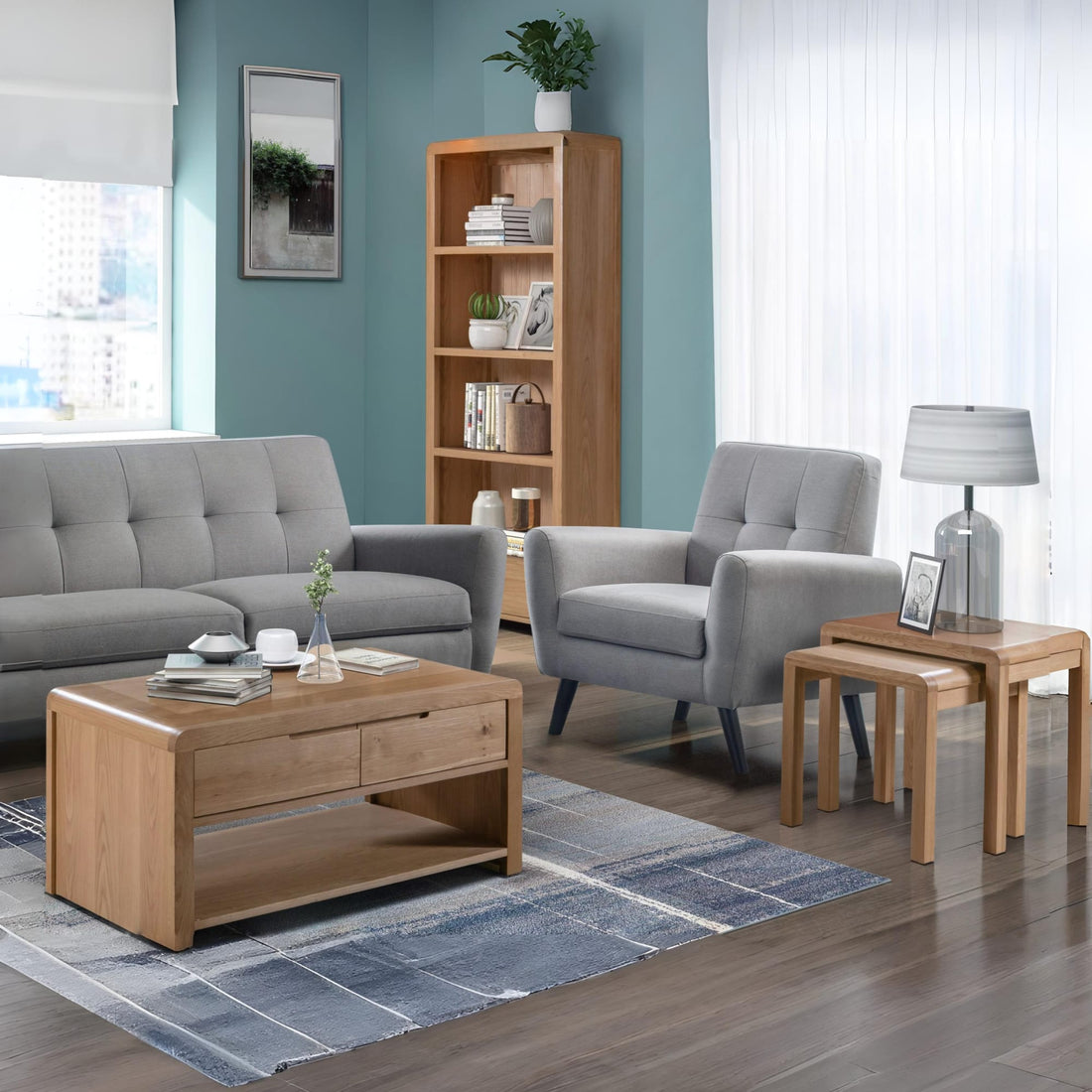 Curve Oak Tall Bookcase 1 Drawer CUR305 - Havenheim Furniture