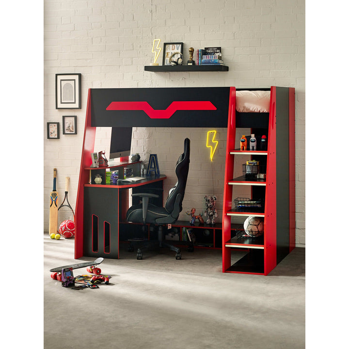 Eagle Gaming Highsleeper Loft Bed 90cm Single with Desk - Black and Red EAG001