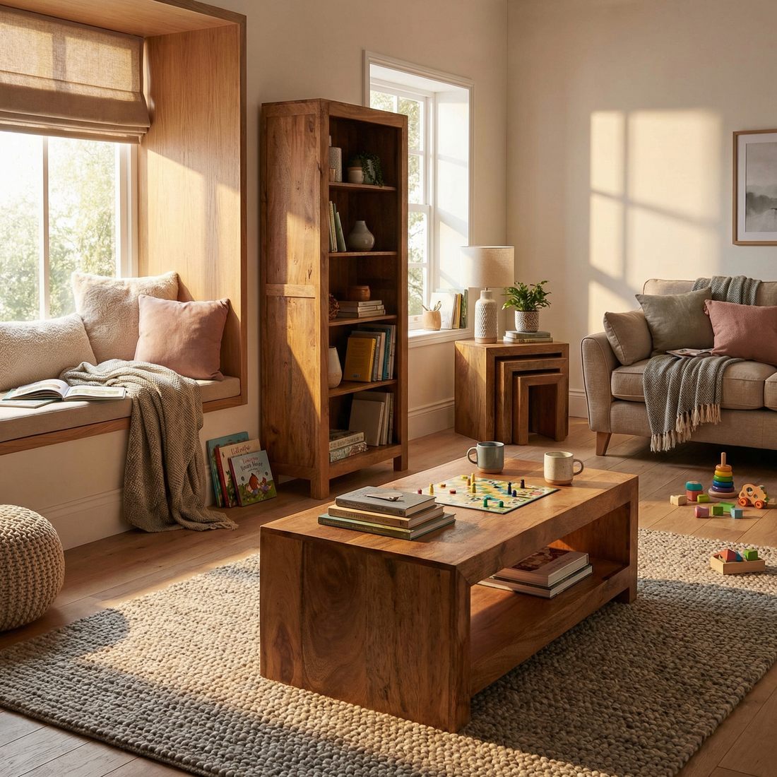 Family Reading Set 1 - Toko Light - Large Open Bookcase, Large Coffee Table & Nest of 3 Tables FRS1