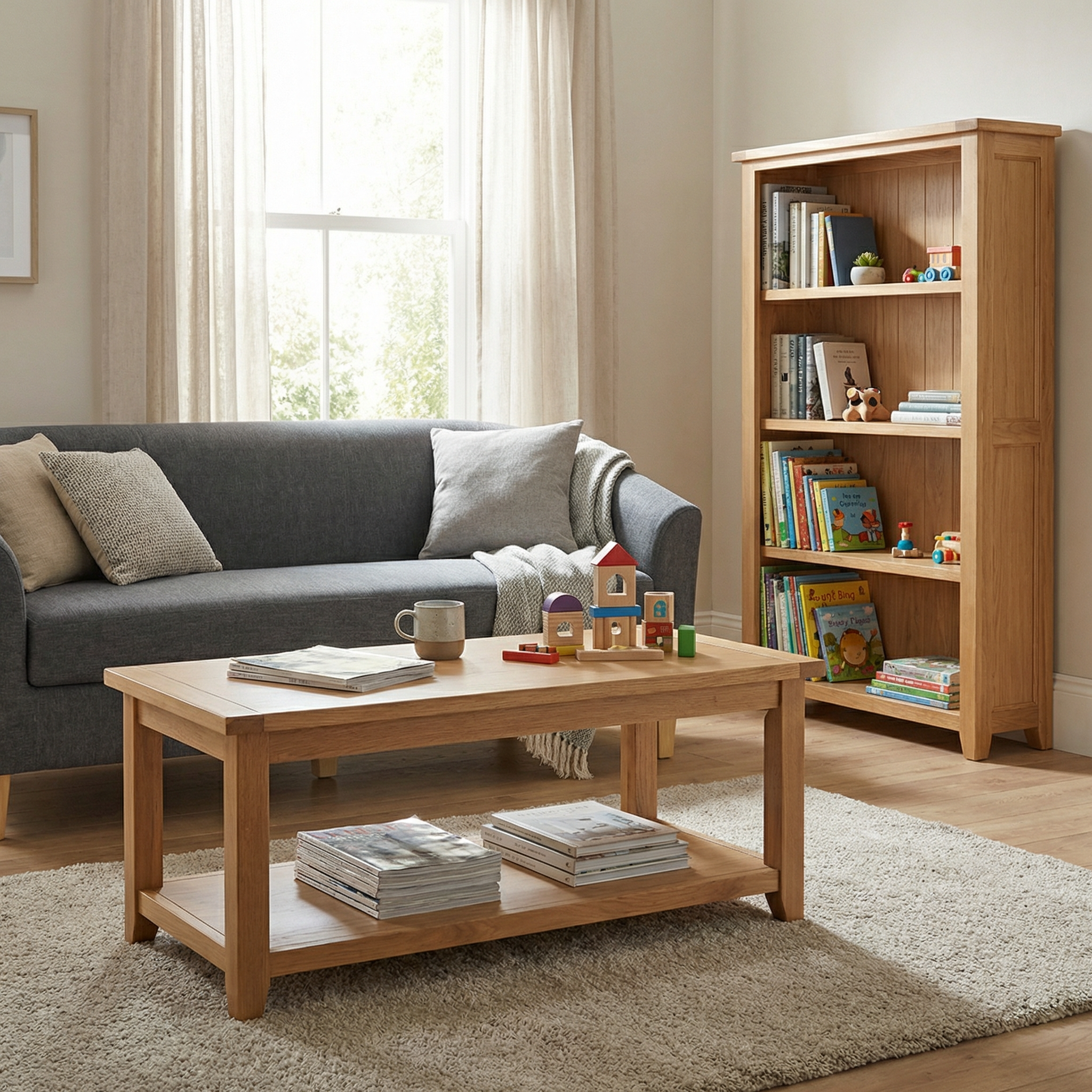 Family Reading Set 2 - Bookcase 3 Shelves & Coffee Table Solid Oak & Oak Veneers & 3 Seater Sofa Grey Fabric FRS2 - Havenheim Furniture