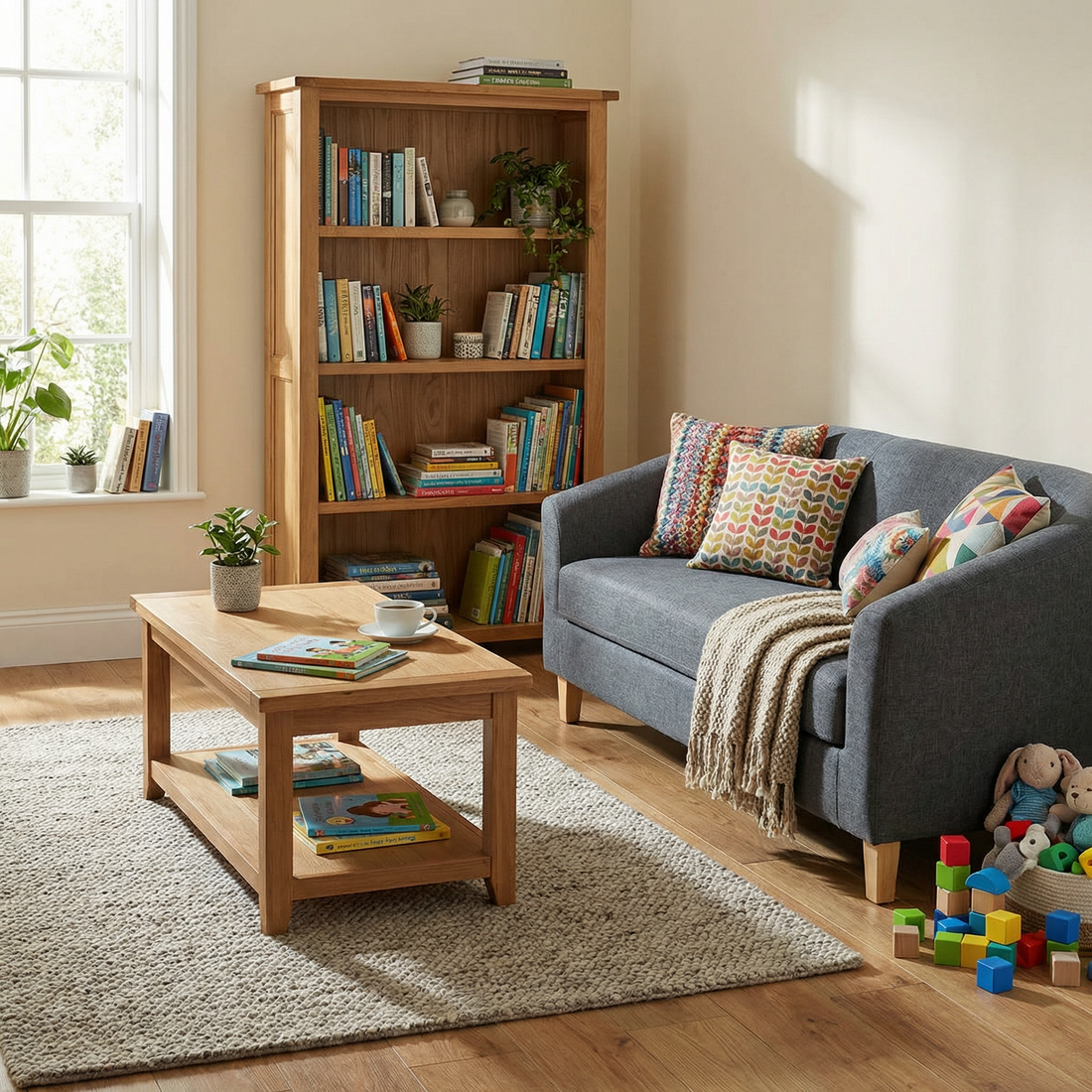 Family Reading Set 2 - Bookcase 3 Shelves & Coffee Table Solid Oak & Oak Veneers & 3 Seater Sofa Grey Fabric FRS2 - Havenheim Furniture