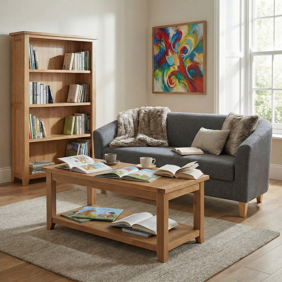 Family Reading Set 2 - Bookcase 3 Shelves & Coffee Table Solid Oak & Oak Veneers & 3 Seater Sofa Grey Fabric FRS2 - Havenheim Furniture