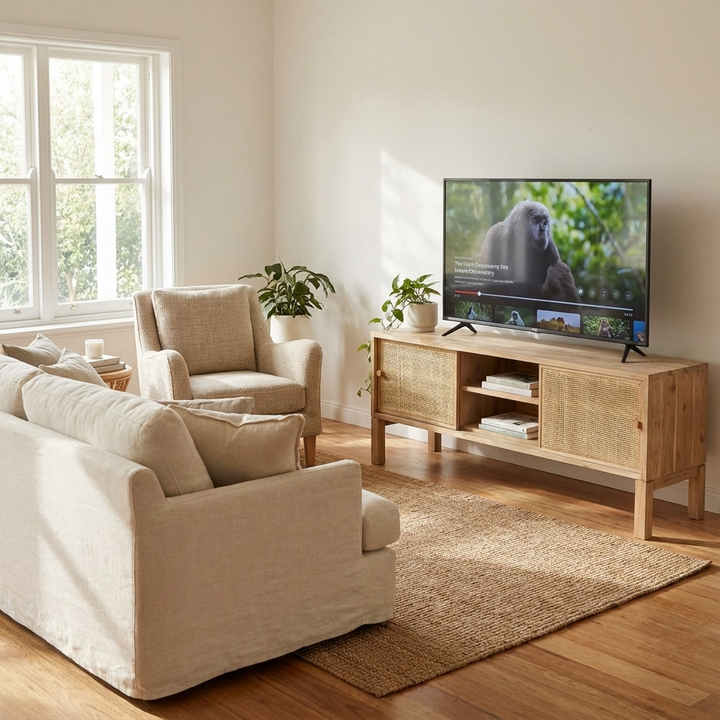 Havana Media Unit with Sliding Doors Rattan and Mindi Wood HAV01